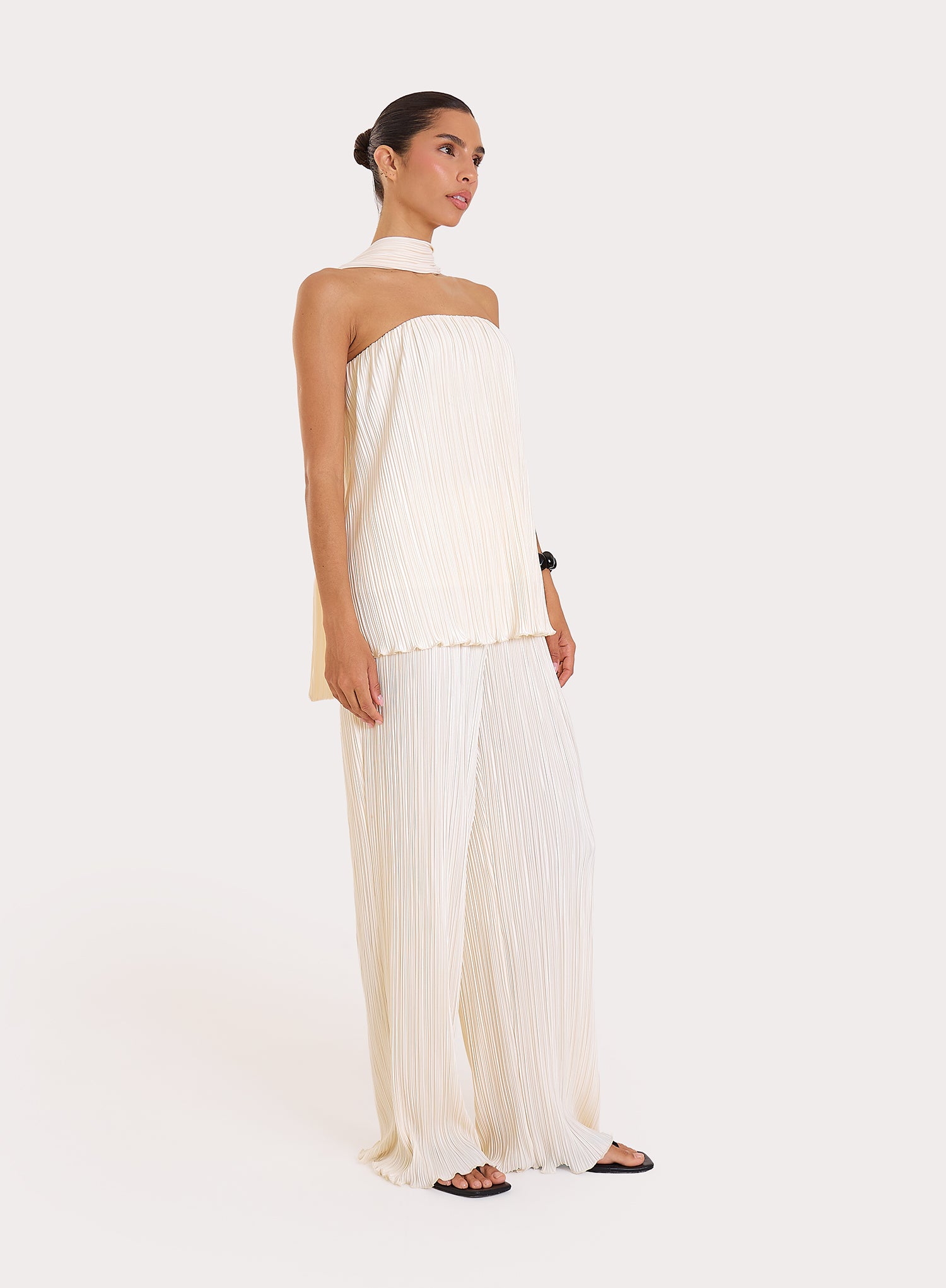 Cream Elasticated Waist Wide Leg Plisse Trousers
